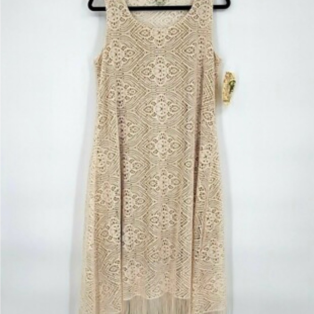 ONE WORLD Beige Crochet Lace Midi Dress with Fringe Hem